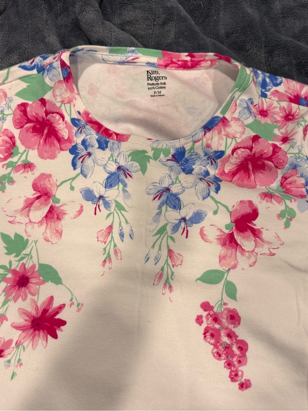 Kim Rogers White Floral Cotton Scoop Neck Top - Pink & Blue Flowers; Petite Med